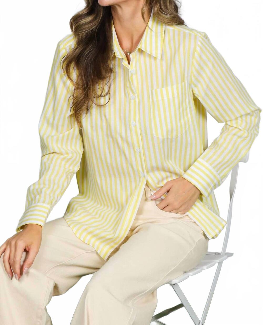 NEW VINE & LOVE women's cotton long-sleeve button down in yellow